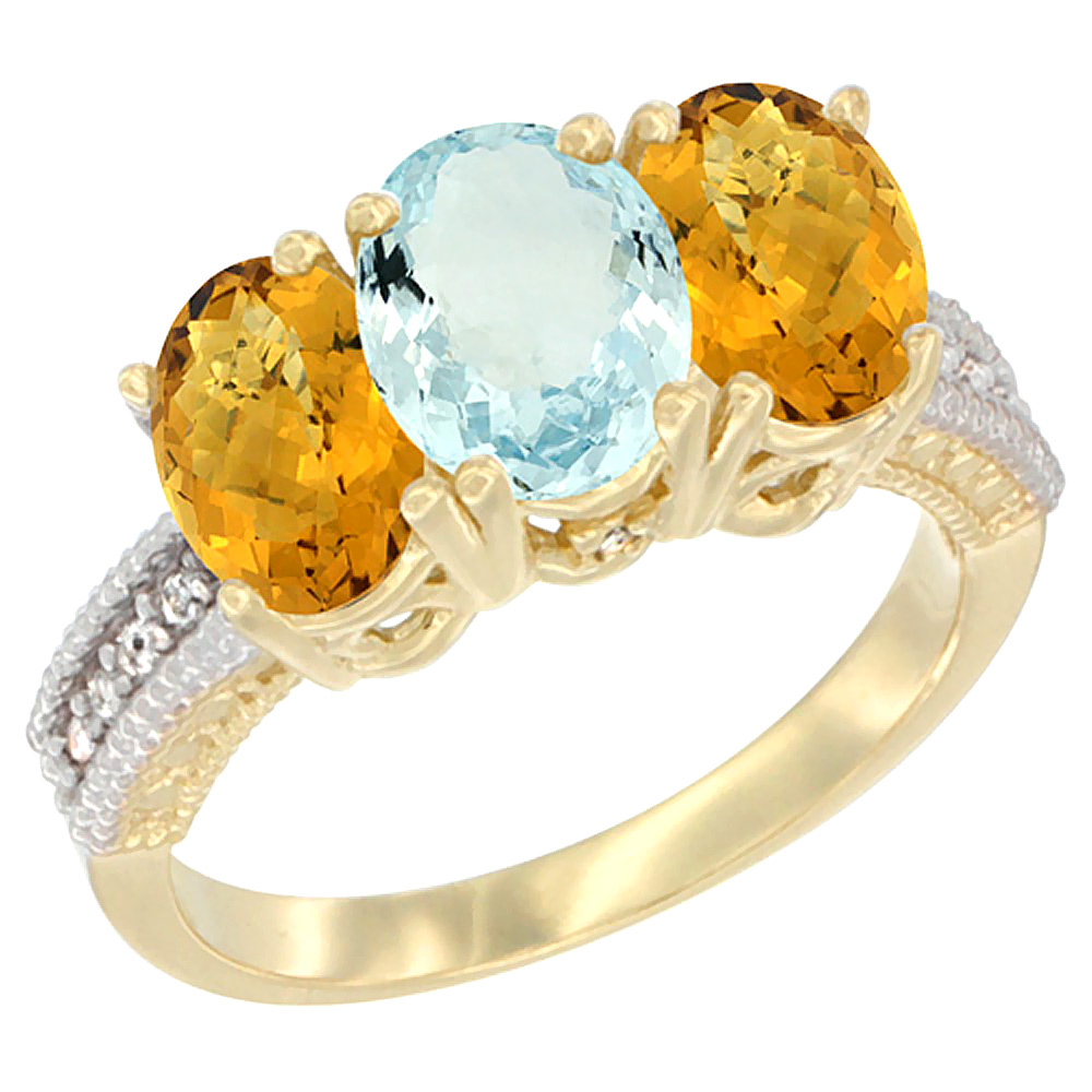 14K Yellow Gold Natural Aquamarine Ring with Whisky Quartz 3-Stone 7x5 mm Oval Diamond Accent, sizes 5 - 10