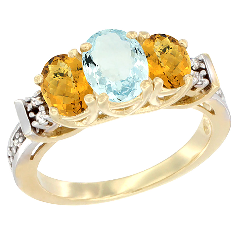 10K Yellow Gold Natural Aquamarine & Whisky Quartz Ring 3-Stone Oval Diamond Accent