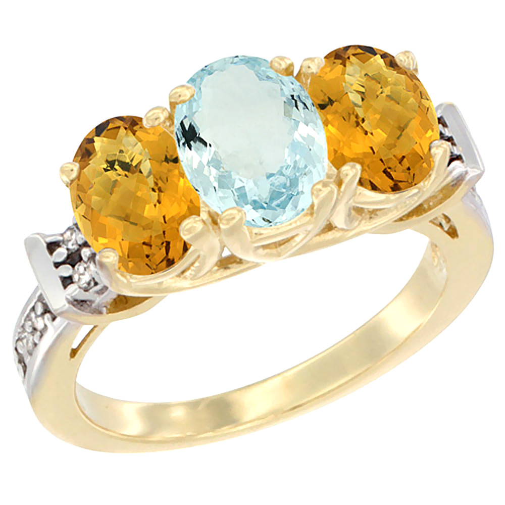 14K Yellow Gold Natural Aquamarine & Whisky Quartz Sides Ring 3-Stone Oval Diamond Accent, sizes 5 - 10