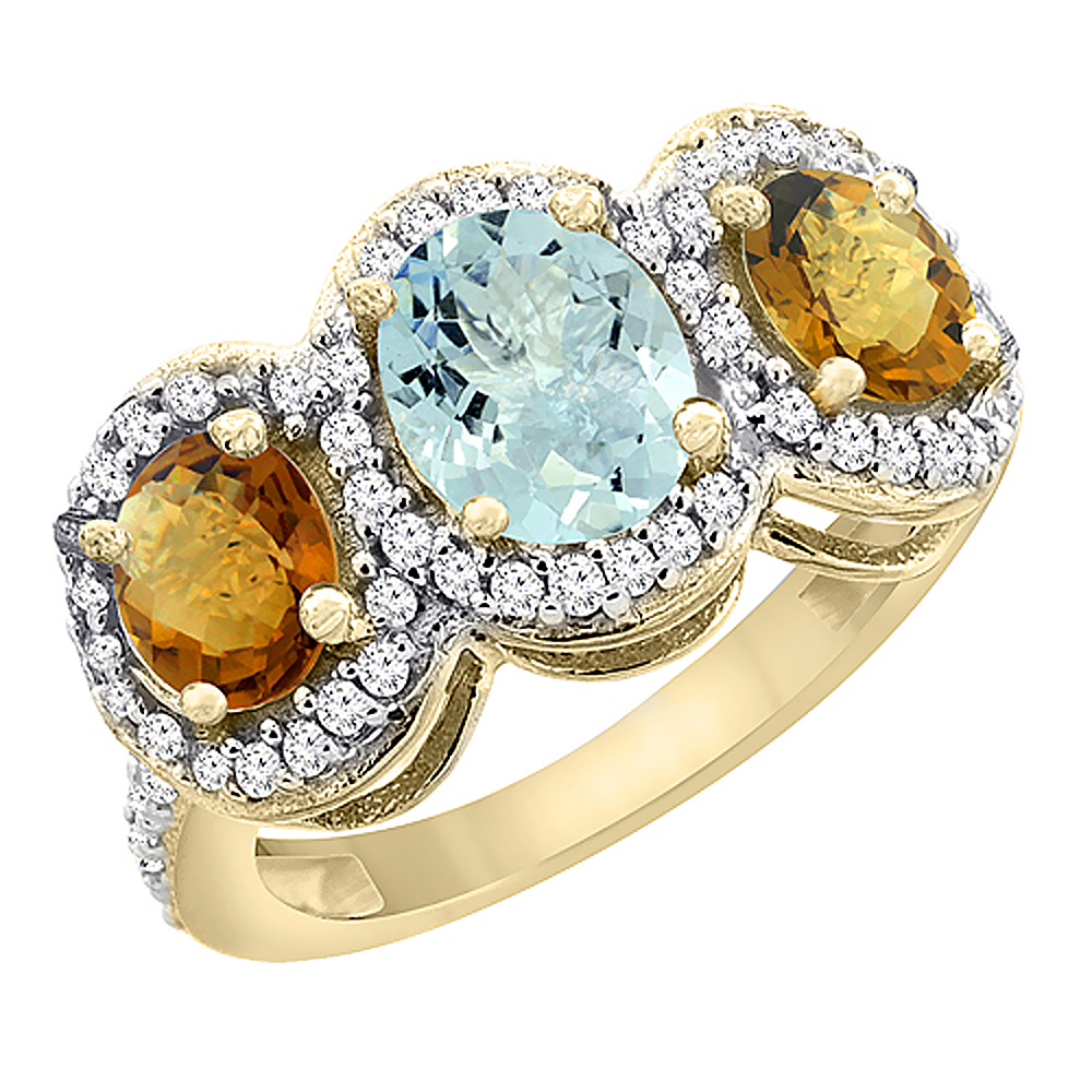10K Yellow Gold Natural Aquamarine & Whisky Quartz 3-Stone Ring Oval Diamond Accent, sizes 5 - 10