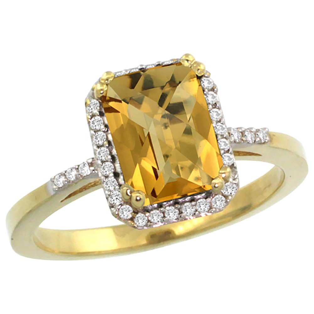 14K Yellow Gold Diamond Natural Whisky Quartz Ring Emerald-cut 8x6mm, sizes 5-10