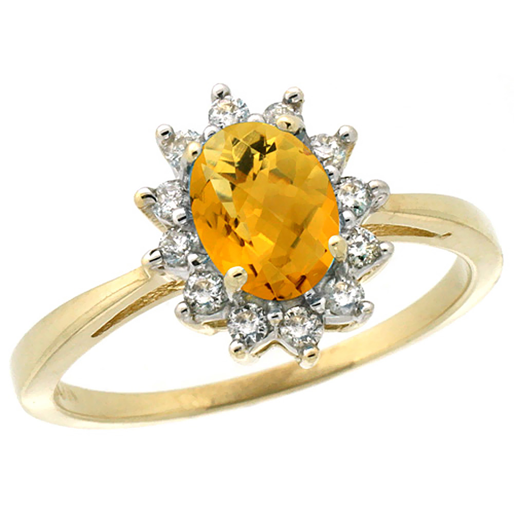 10k Yellow Gold Natural Whisky Quartz Engagement Ring Oval 7x5mm Diamond Halo, sizes 5-10