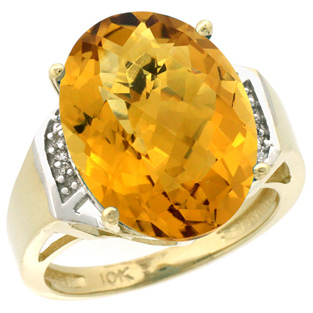 10K Yellow Gold Diamond Natural Whisky Quartz Ring Oval 16x12mm, sizes 5-10