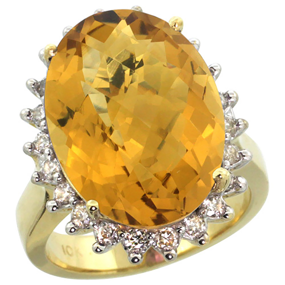 10k Yellow Gold Diamond Halo Natural Whisky Quartz Ring Large Oval 18x13mm, sizes 5-10