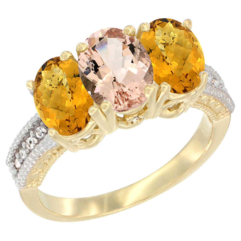 14K Yellow Gold Natural Morganite Ring with Whisky Quartz 3-Stone 7x5 mm Oval Diamond Accent, sizes 5 - 10