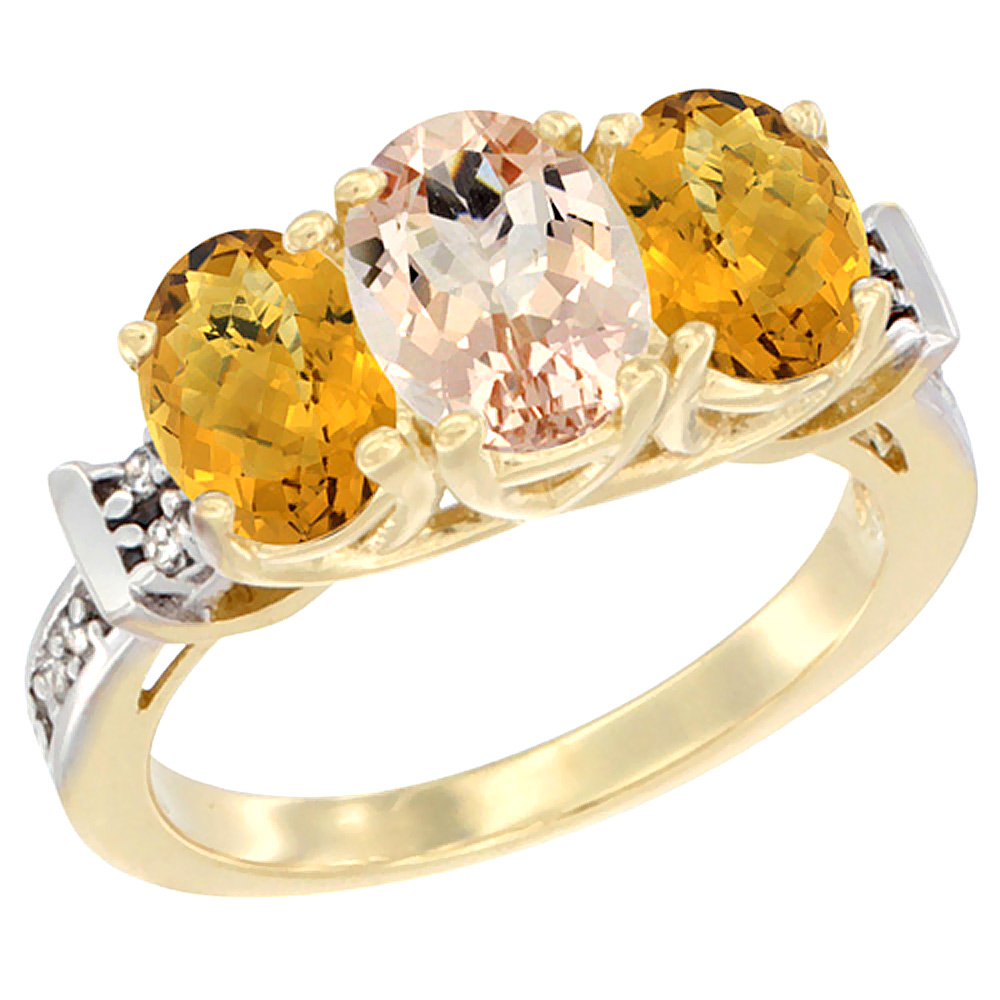 14K Yellow Gold Natural Morganite & Whisky Quartz Sides Ring 3-Stone Oval Diamond Accent, sizes 5 - 10