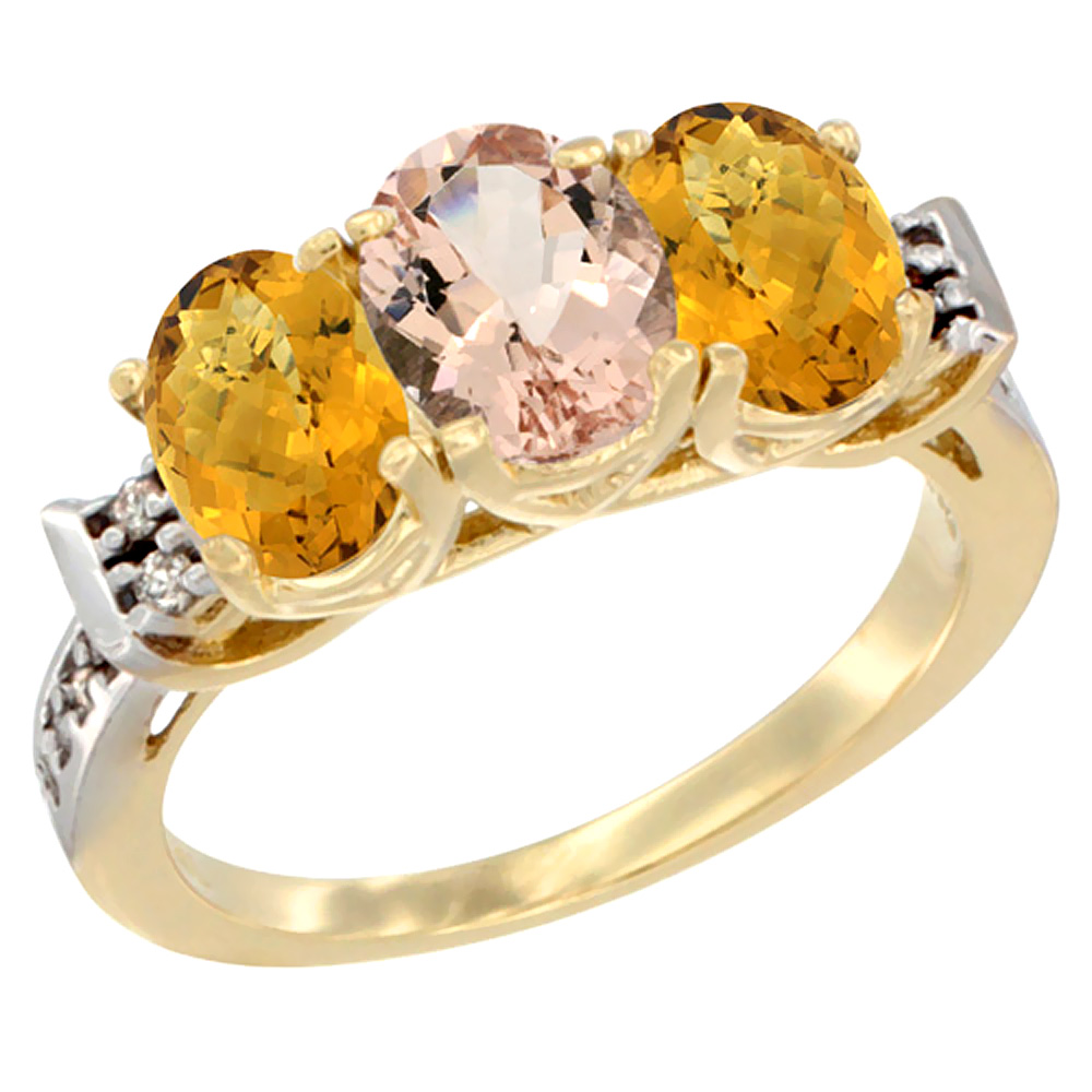 10K Yellow Gold Natural Morganite &amp; Whisky Quartz Sides Ring 3-Stone Oval 7x5 mm Diamond Accent, sizes 5 - 10