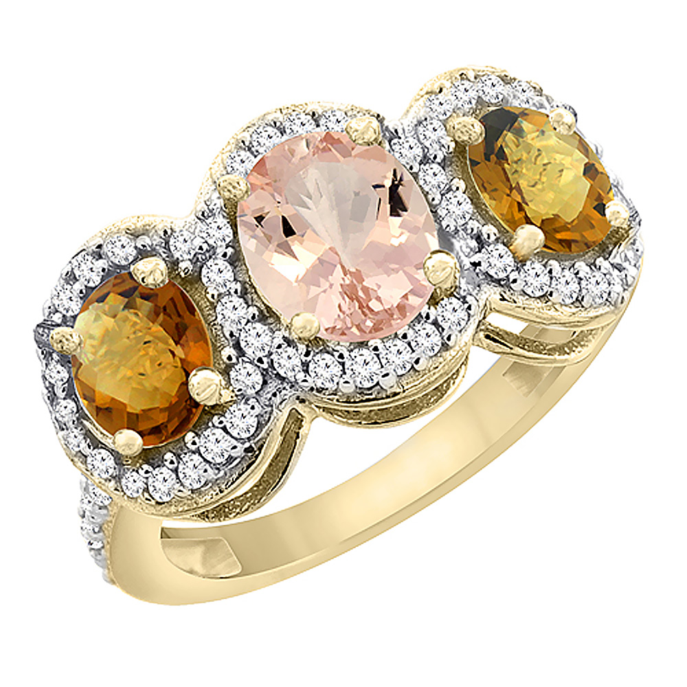 10K Yellow Gold Natural Morganite & Whisky Quartz 3-Stone Ring Oval Diamond Accent, sizes 5 - 10
