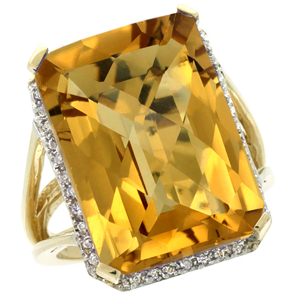 10K Yellow Gold Diamond Natural Whisky Quartz Ring Emerald-cut 18x13mm, sizes 5-10
