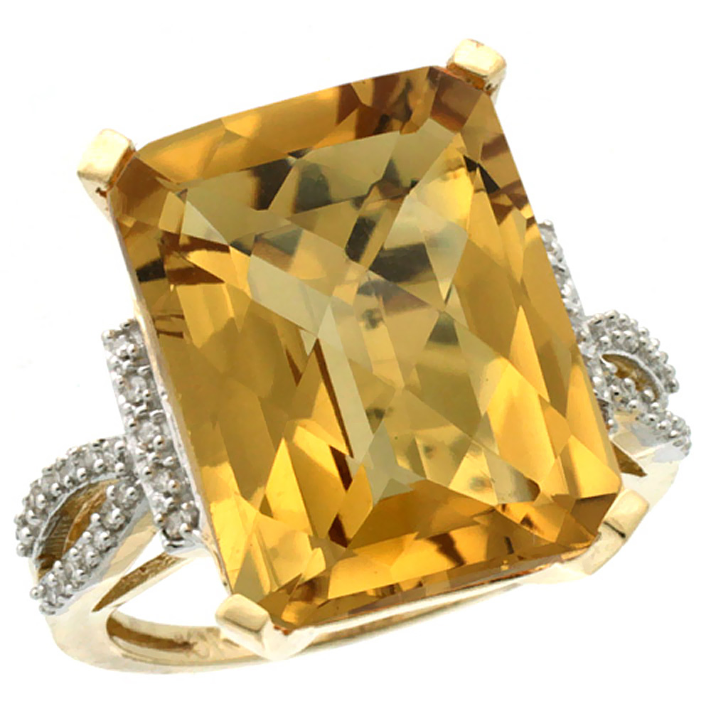 14K Yellow Gold Diamond Natural Whisky Quartz Ring Emerald-cut 16x12mm, sizes 5-10