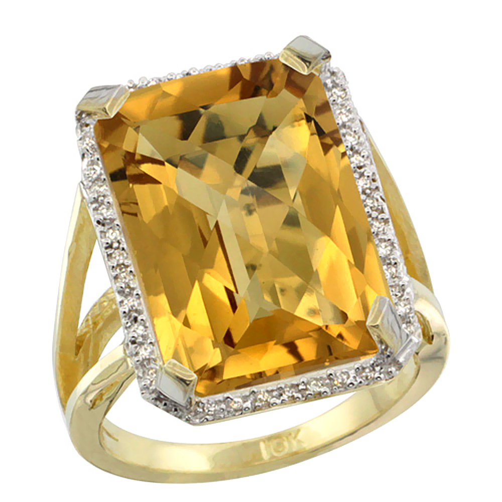10K Yellow Gold Diamond Natural Whisky Quartz Ring Emerald-cut 18x13mm, sizes 5-10