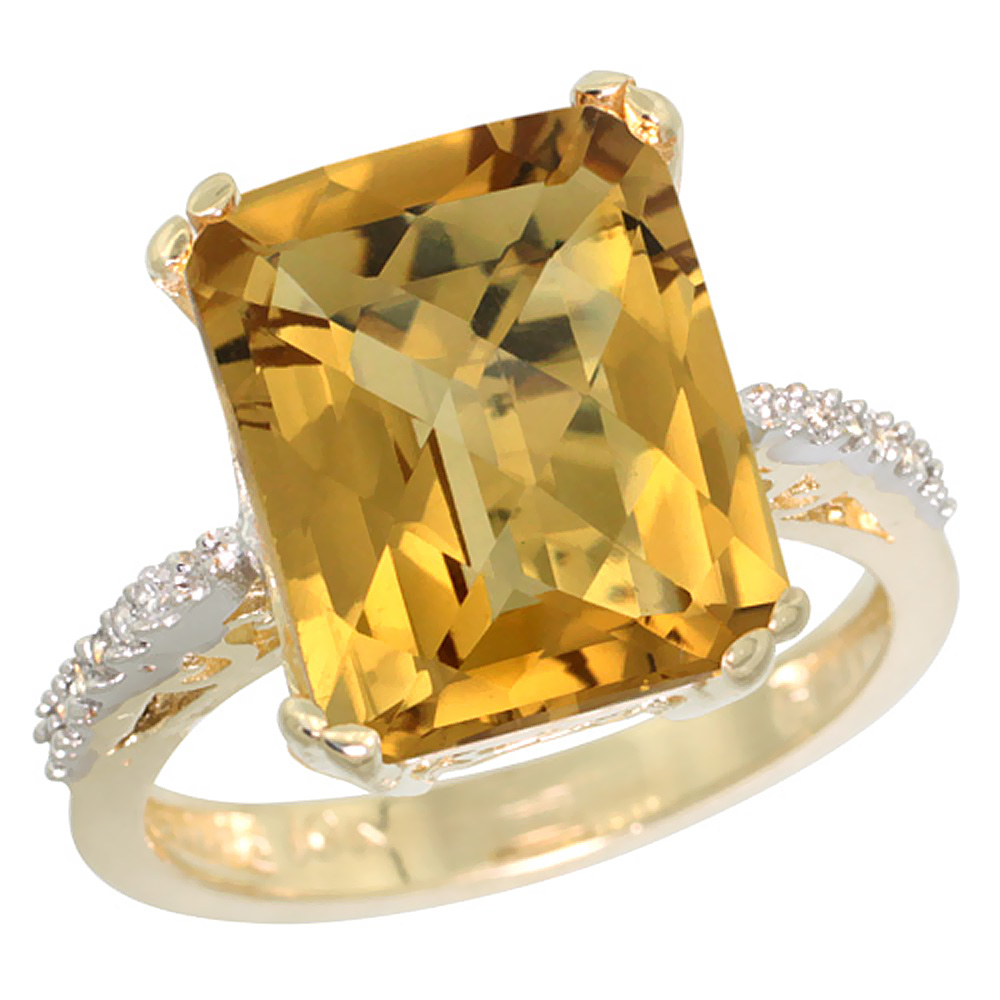 14K Yellow Gold Diamond Natural Whisky Quartz Ring Emerald-cut 12x10mm, sizes 5-10