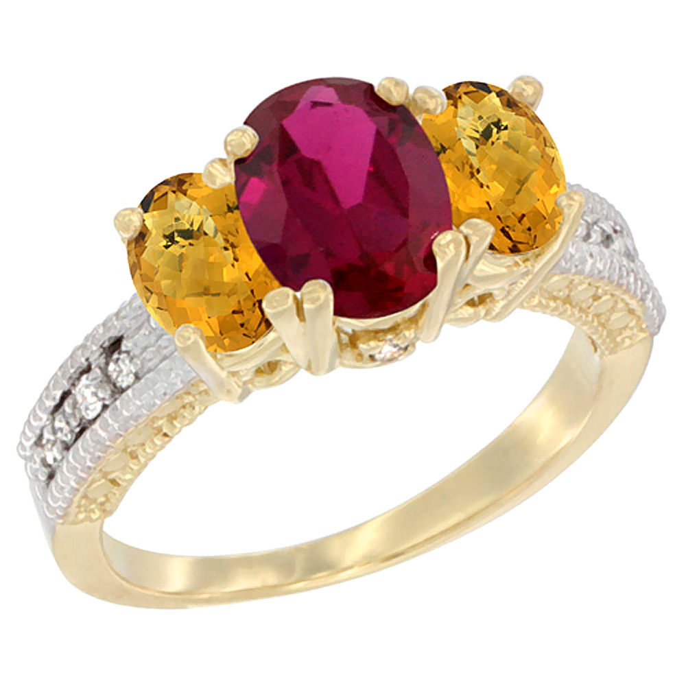 10K Yellow Gold Diamond Enhanced Ruby Ring Oval 3-stone with Whisky Quartz, sizes 5 - 10