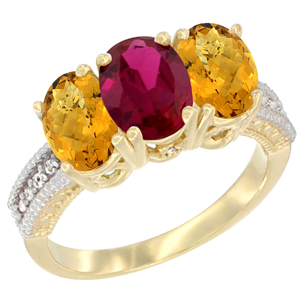 10K Yellow Gold Diamond Enhanced Ruby Ring & Natural Whisky Quartz 3-Stone 7x5 mm Oval, sizes 5 - 10