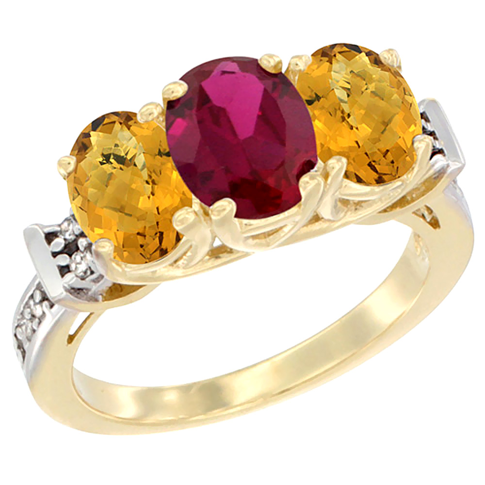 14K Yellow Gold Enhanced Ruby &amp; Whisky Quartz Sides Ring 3-Stone Oval Diamond Accent, sizes 5 - 10