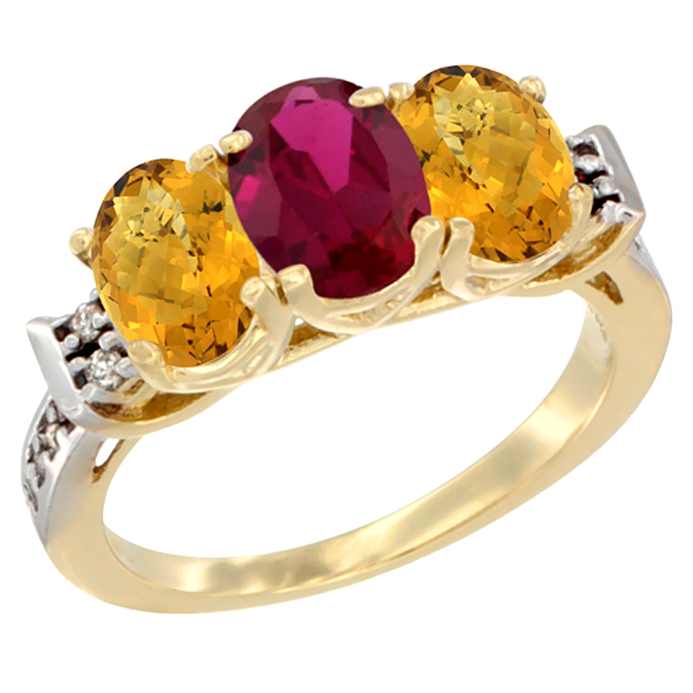 10K Yellow Gold Enhanced Ruby & Natural Whisky Quartz Sides Ring 3-Stone Oval 7x5 mm Diamond Accent, sizes 5 - 10