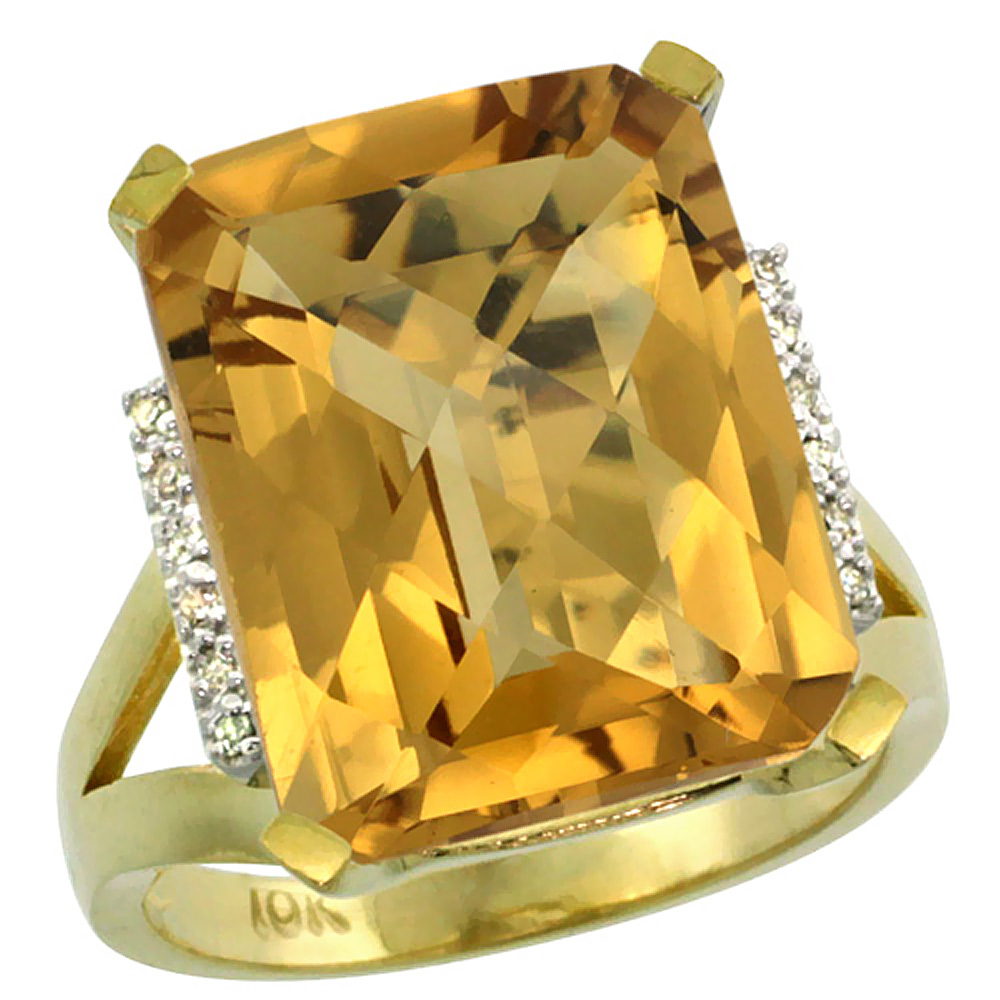 10K Yellow Gold Diamond Natural Whisky Quartz Ring Emerald-cut 16x12mm, sizes 5-10