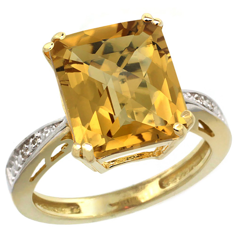 14K Yellow Gold Diamond Natural Whisky Quartz Ring Emerald-cut 12x10mm, sizes 5-10