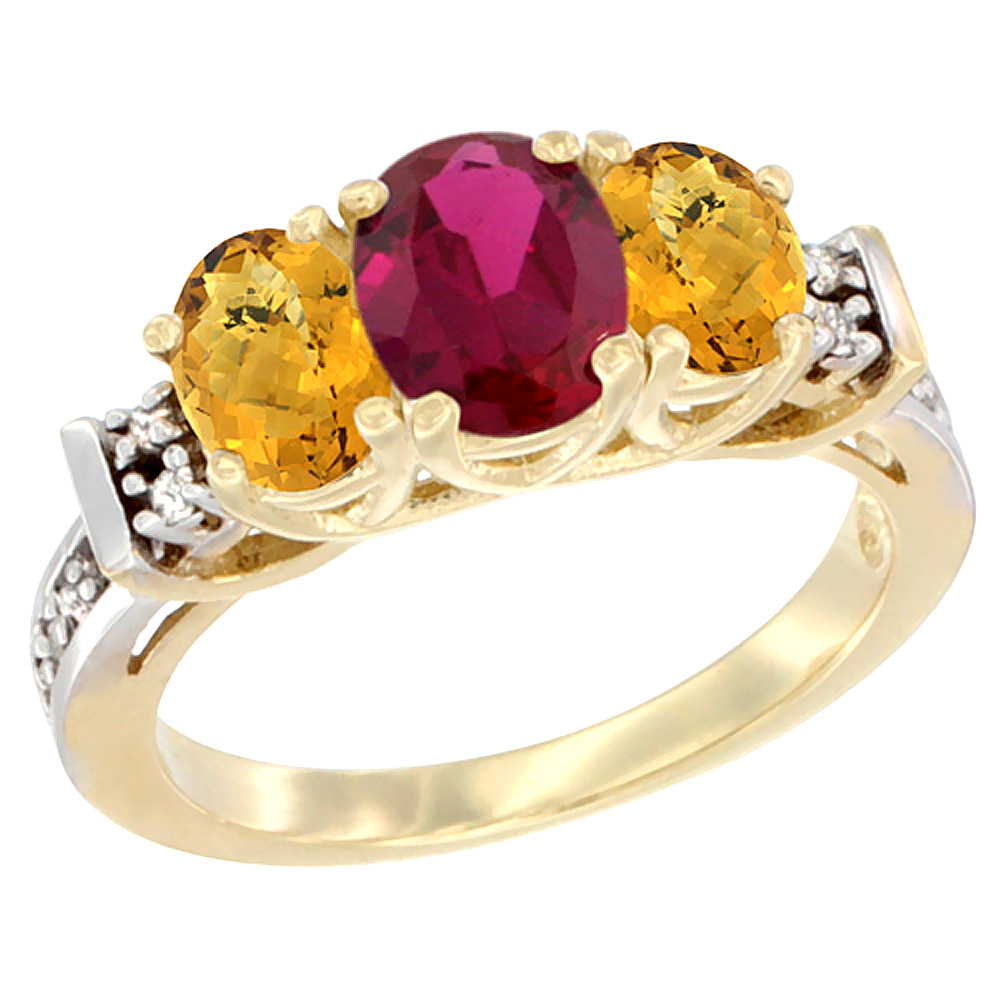 14K Yellow Gold Natural High Quality Ruby & Whisky Quartz Ring 3-Stone Oval Diamond Accent