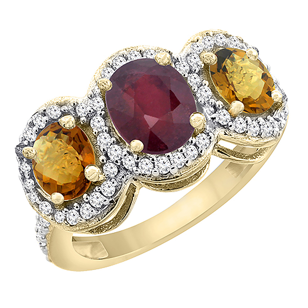 14K Yellow Gold Natural Quality Ruby &amp; Whisky Quartz 3-stone Mothers Ring Oval Diamond Accent, size5 - 10