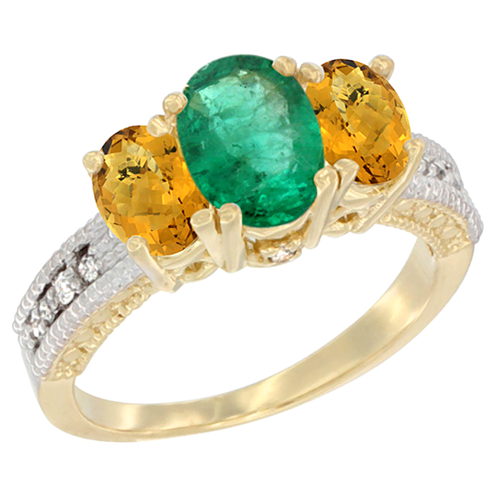 14K Yellow Gold Diamond Natural Emerald Ring Oval 3-stone with Whisky Quartz, sizes 5 - 10