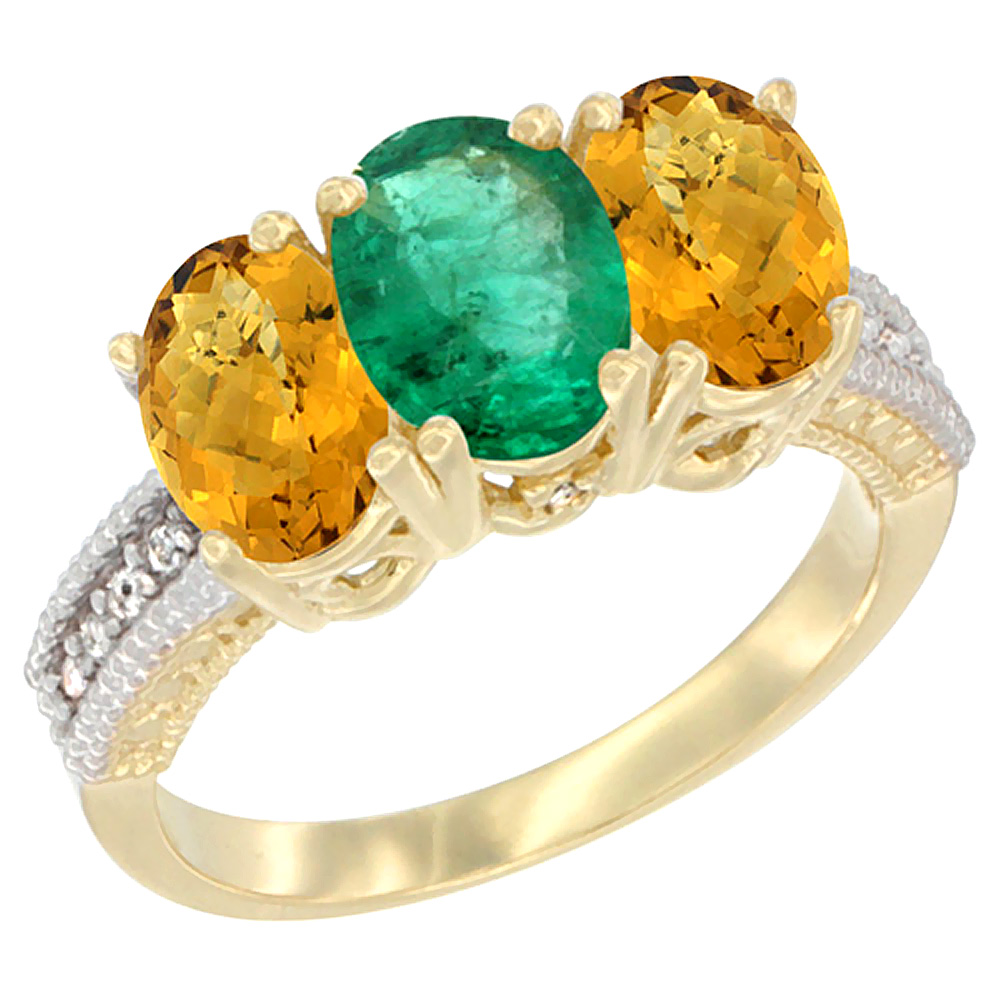 14K Yellow Gold Natural Emerald Ring with Whisky Quartz 3-Stone 7x5 mm Oval Diamond Accent, sizes 5 - 10