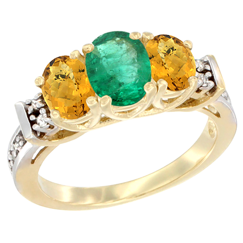 14K Yellow Gold Natural Emerald &amp; Whisky Quartz Ring 3-Stone Oval Diamond Accent