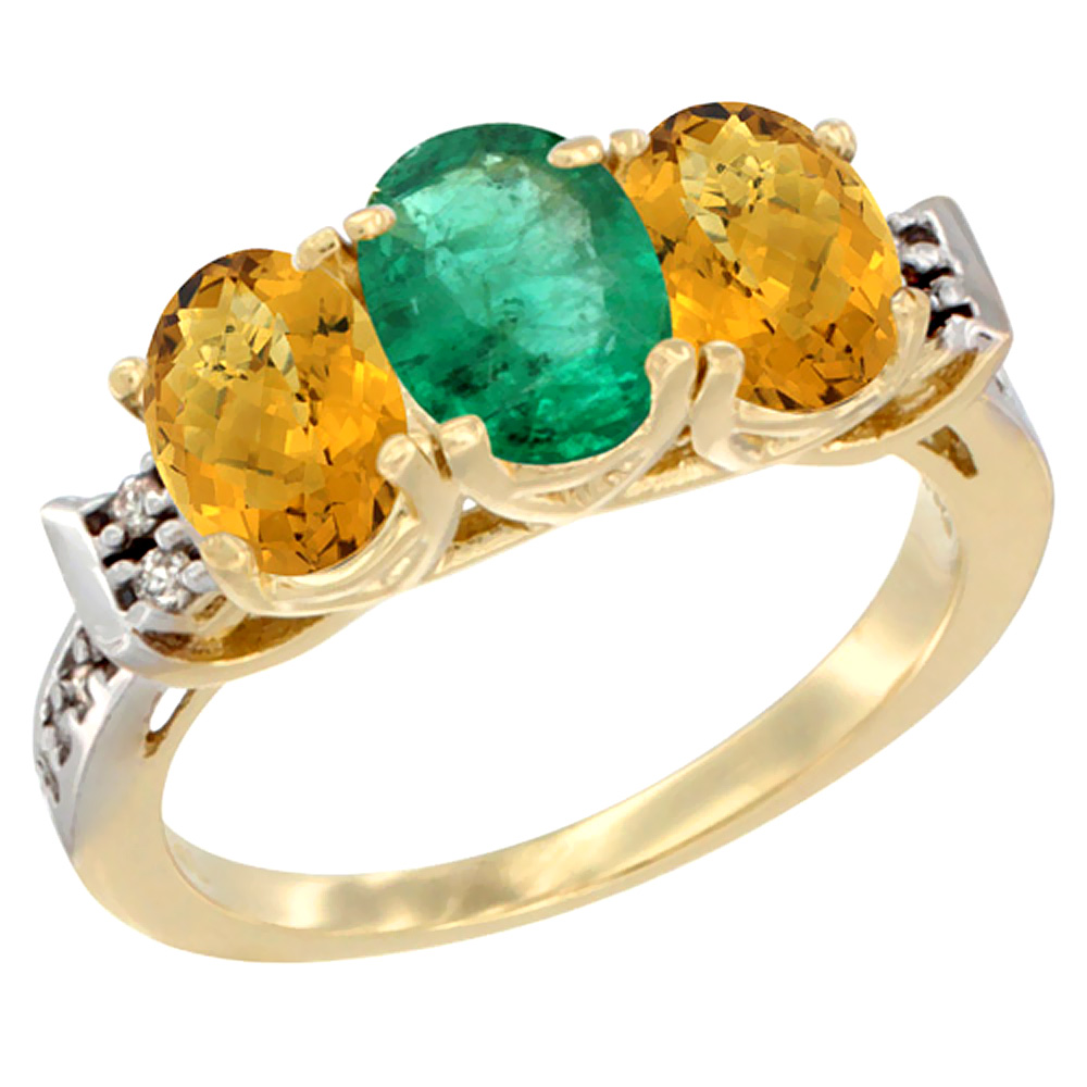 14K Yellow Gold Natural Emerald &amp; Whisky Quartz Ring 3-Stone 7x5 mm Oval Diamond Accent, sizes 5 - 10