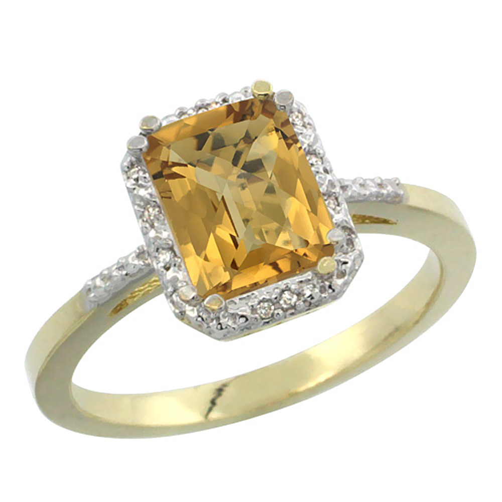 14K Yellow Gold Natural Whisky Quartz Ring Emerald-shape 8x6mm Diamond Accent, sizes 5-10