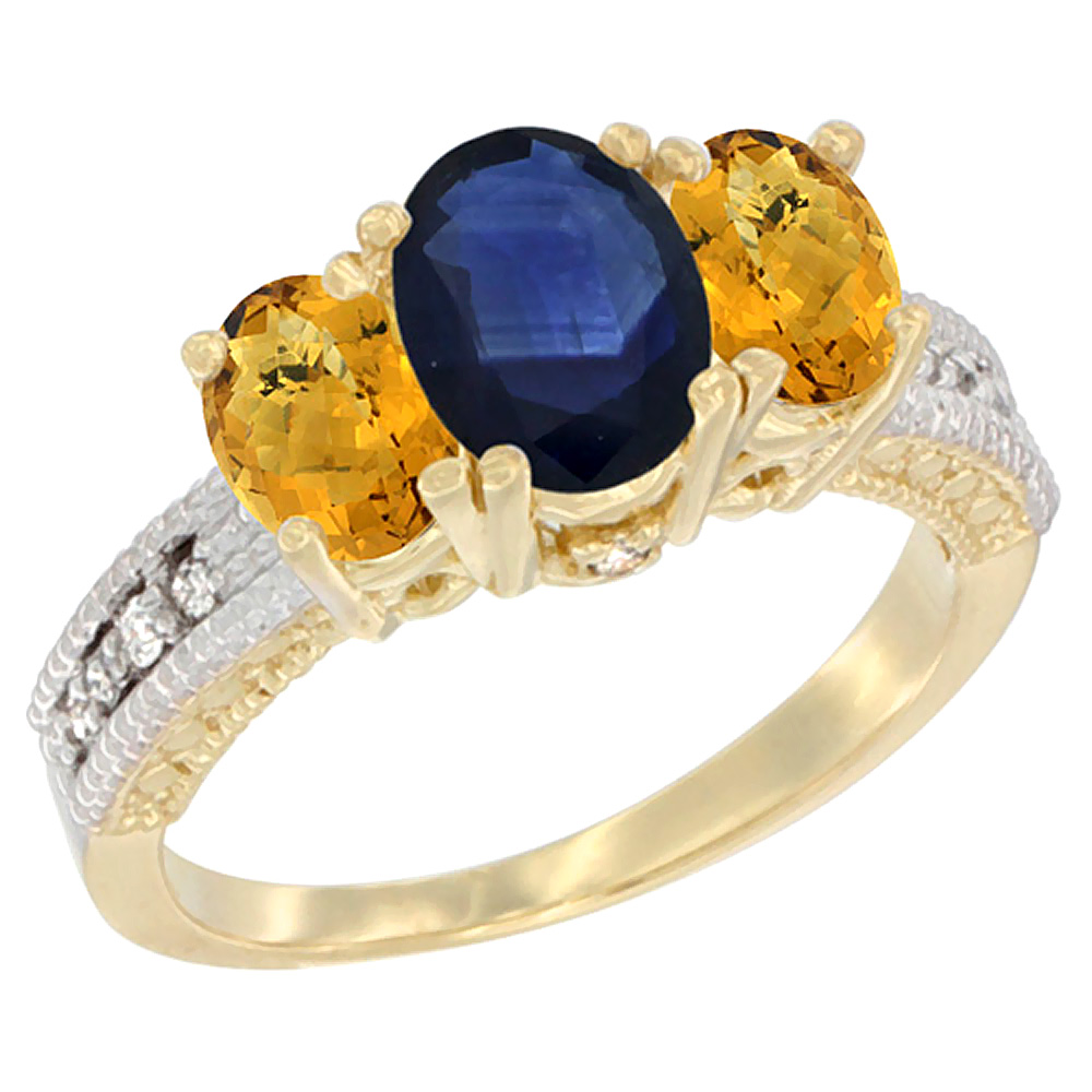 10K Yellow Gold Diamond Natural Blue Sapphire Ring Oval 3-stone with Whisky Quartz, sizes 5 - 10