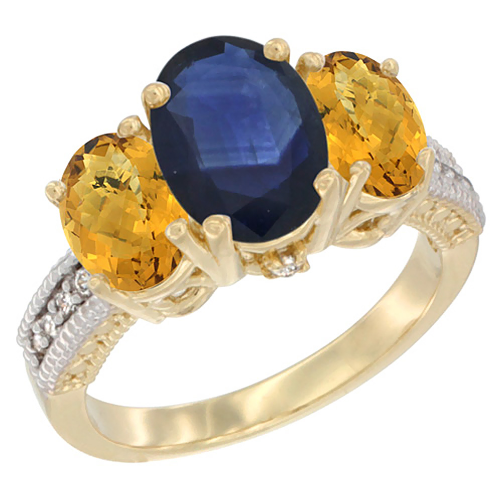 10K Yellow Gold Diamond Natural Blue Sapphire Ring 3-Stone Oval 8x6mm with Whisky Quartz, sizes5-10