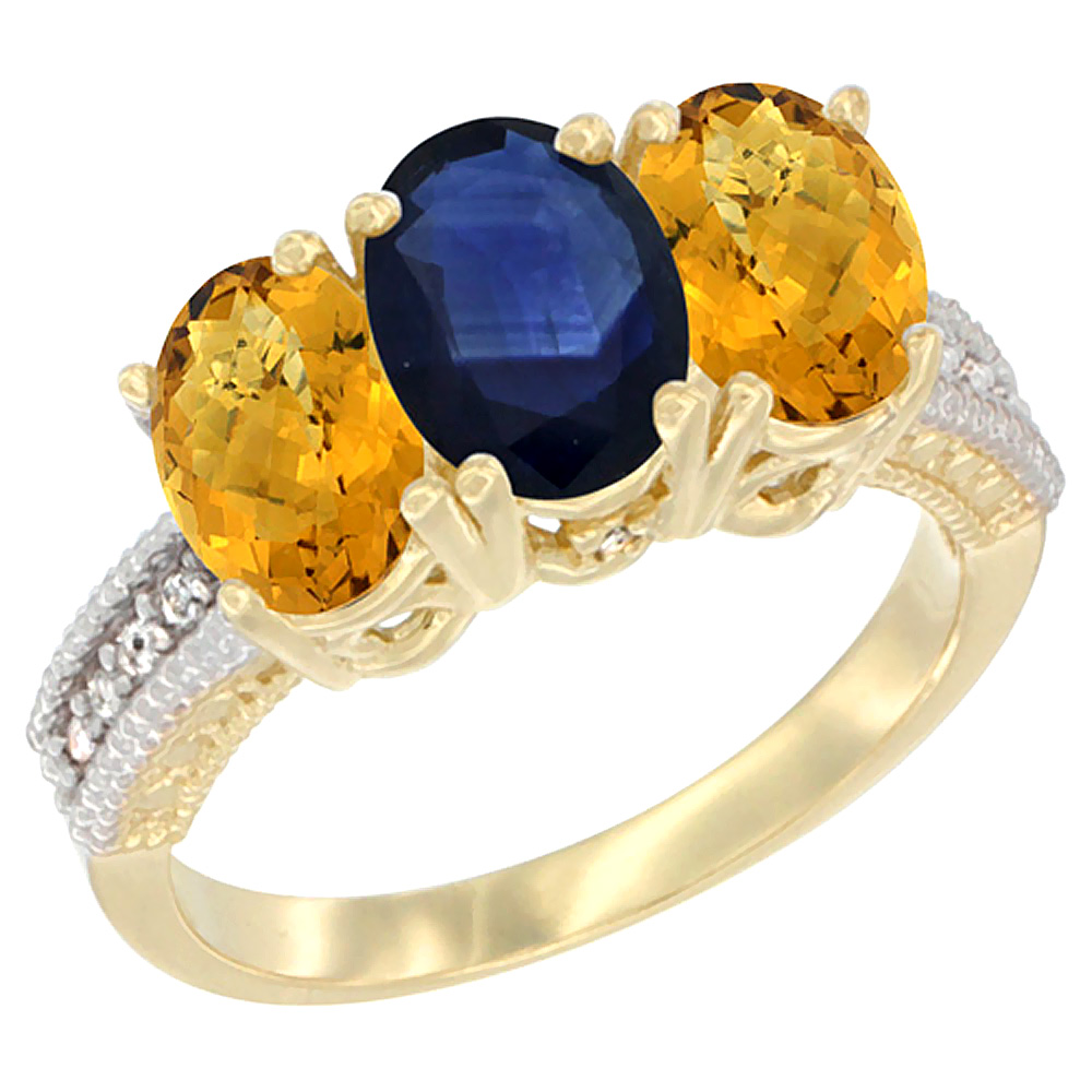 14K Yellow Gold Natural Blue Sapphire Ring with Whisky Quartz 3-Stone 7x5 mm Oval Diamond Accent, sizes 5 - 10