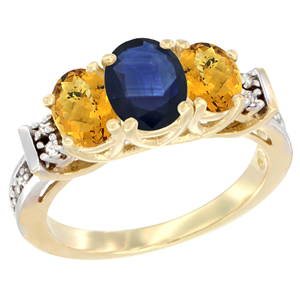 10K Yellow Gold Natural Blue Sapphire & Whisky Quartz Ring 3-Stone Oval Diamond Accent