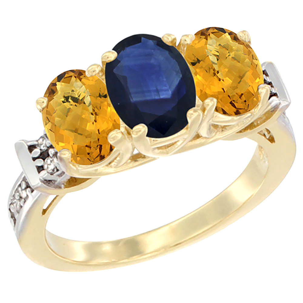 14K Yellow Gold Natural Blue Sapphire &amp; Whisky Quartz Sides Ring 3-Stone Oval Diamond Accent, sizes 5 - 10