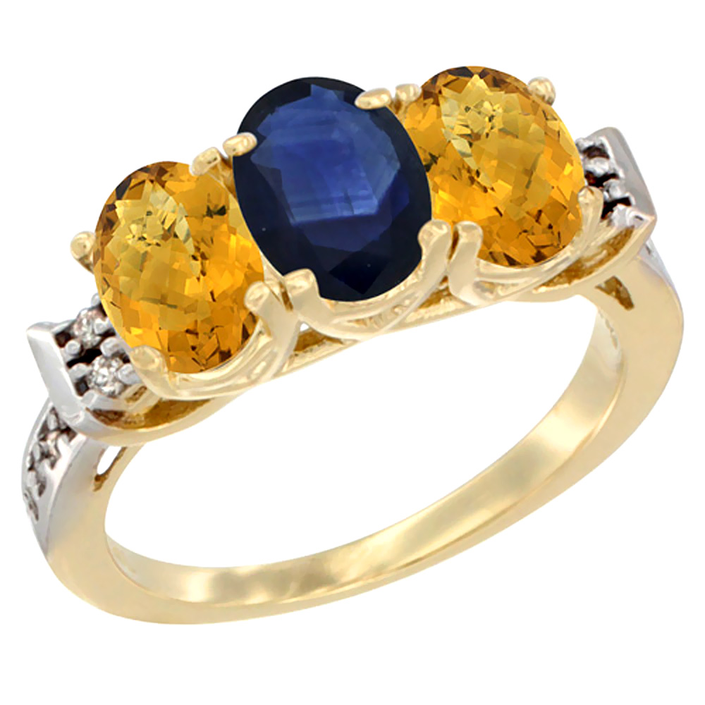 14K Yellow Gold Natural Blue Sapphire &amp; Whisky Quartz Ring 3-Stone 7x5 mm Oval Diamond Accent, sizes 5 - 10