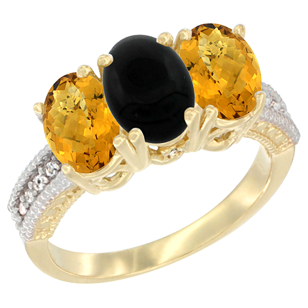 14K Yellow Gold Natural Black Onyx Ring with Whisky Quartz 3-Stone 7x5 mm Oval Diamond Accent, sizes 5 - 10