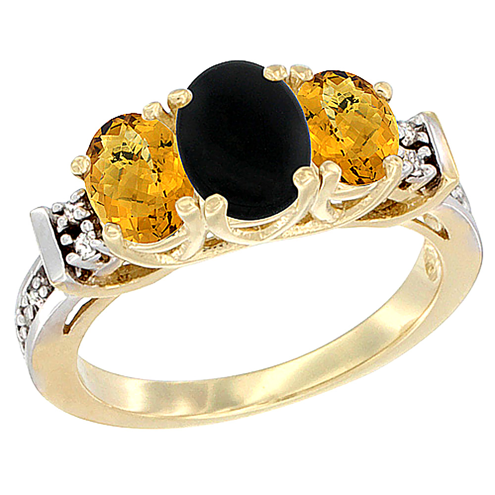 14K Yellow Gold Natural Black Onyx &amp; Whisky Quartz Ring 3-Stone Oval Diamond Accent