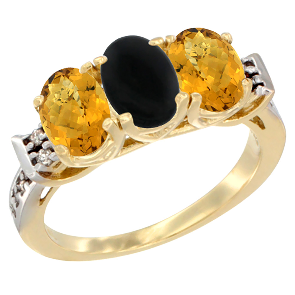 10K Yellow Gold Natural Black Onyx & Whisky Quartz Sides Ring 3-Stone Oval 7x5 mm Diamond Accent, sizes 5 - 10