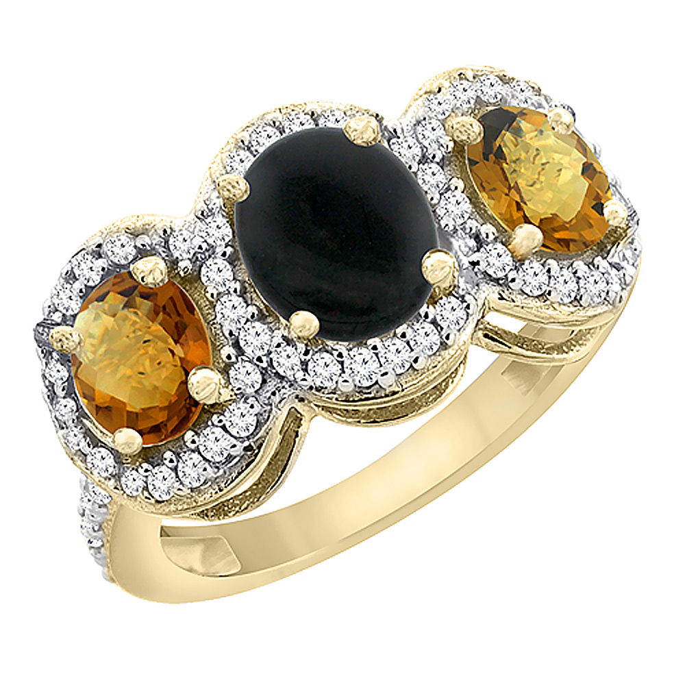 14K Yellow Gold Natural Black Onyx &amp; Whisky Quartz 3-Stone Ring Oval Diamond Accent, sizes 5 - 10