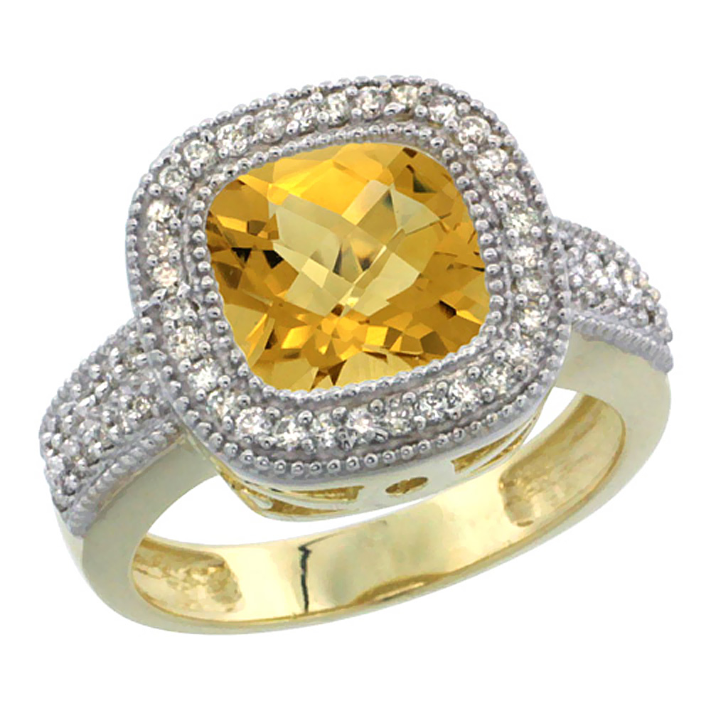 10K Yellow Gold Natural Whisky Quartz Ring Diamond Accent, Cushion-cut 9x9mm Diamond Accent, sizes 5-10