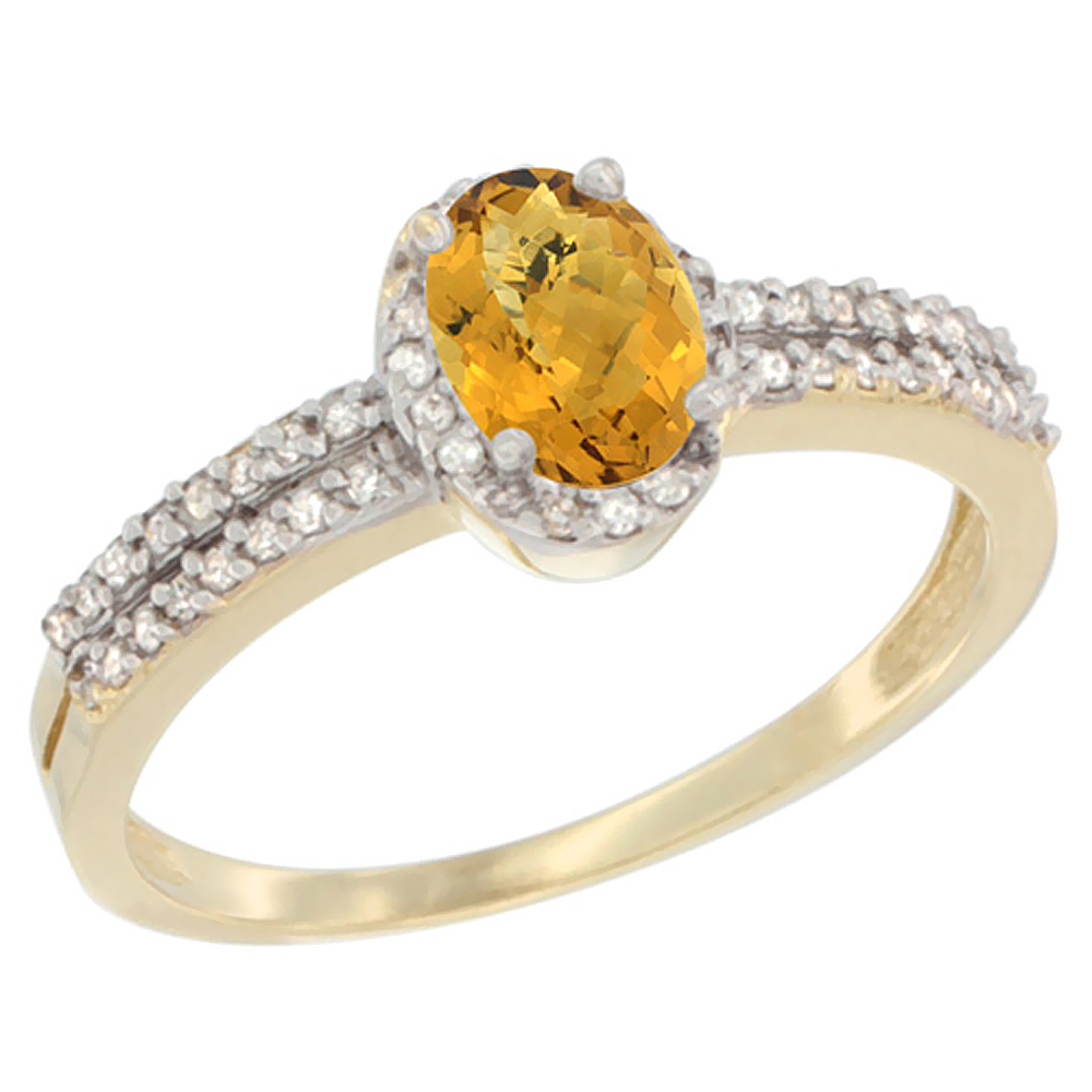 14K Yellow Gold Natural Whisky Quartz Ring Oval 6x4mm Diamond Accent, sizes 5-10