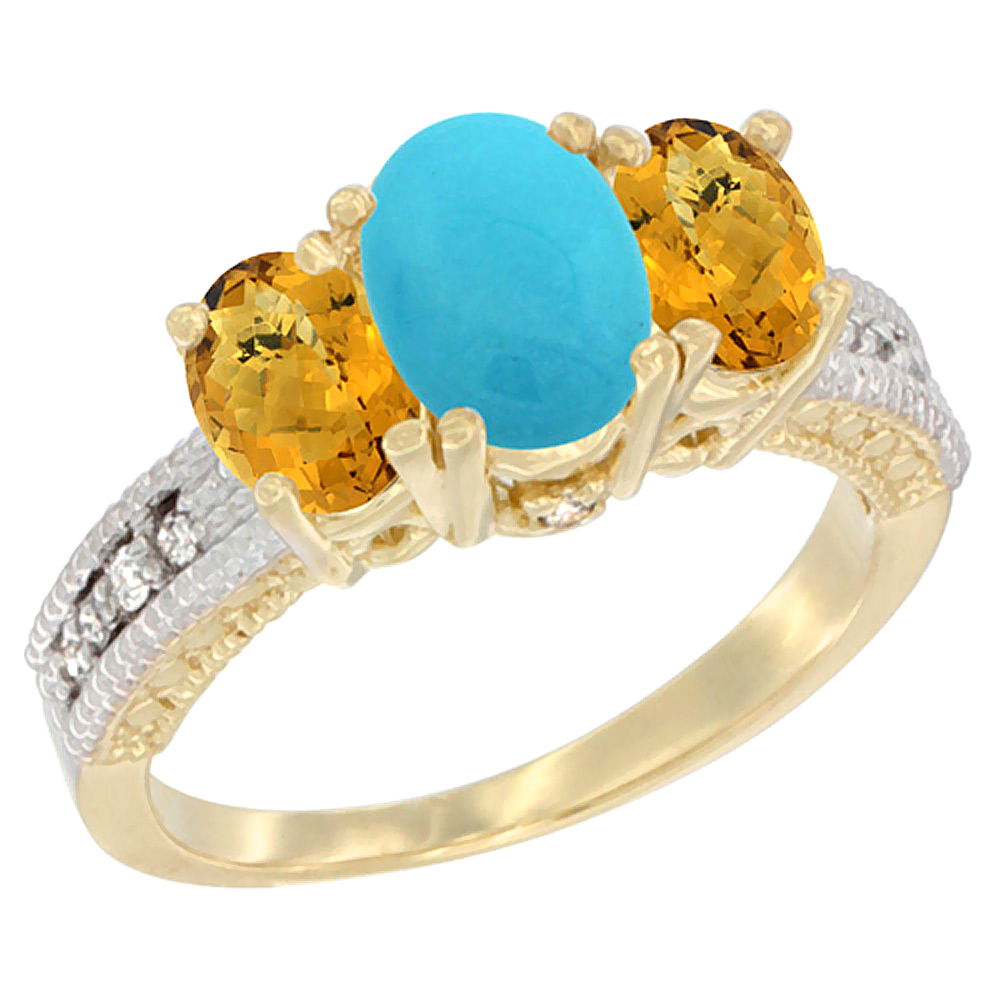 14K Yellow Gold Diamond Natural Turquoise Ring Oval 3-stone with Whisky Quartz, sizes 5 - 10