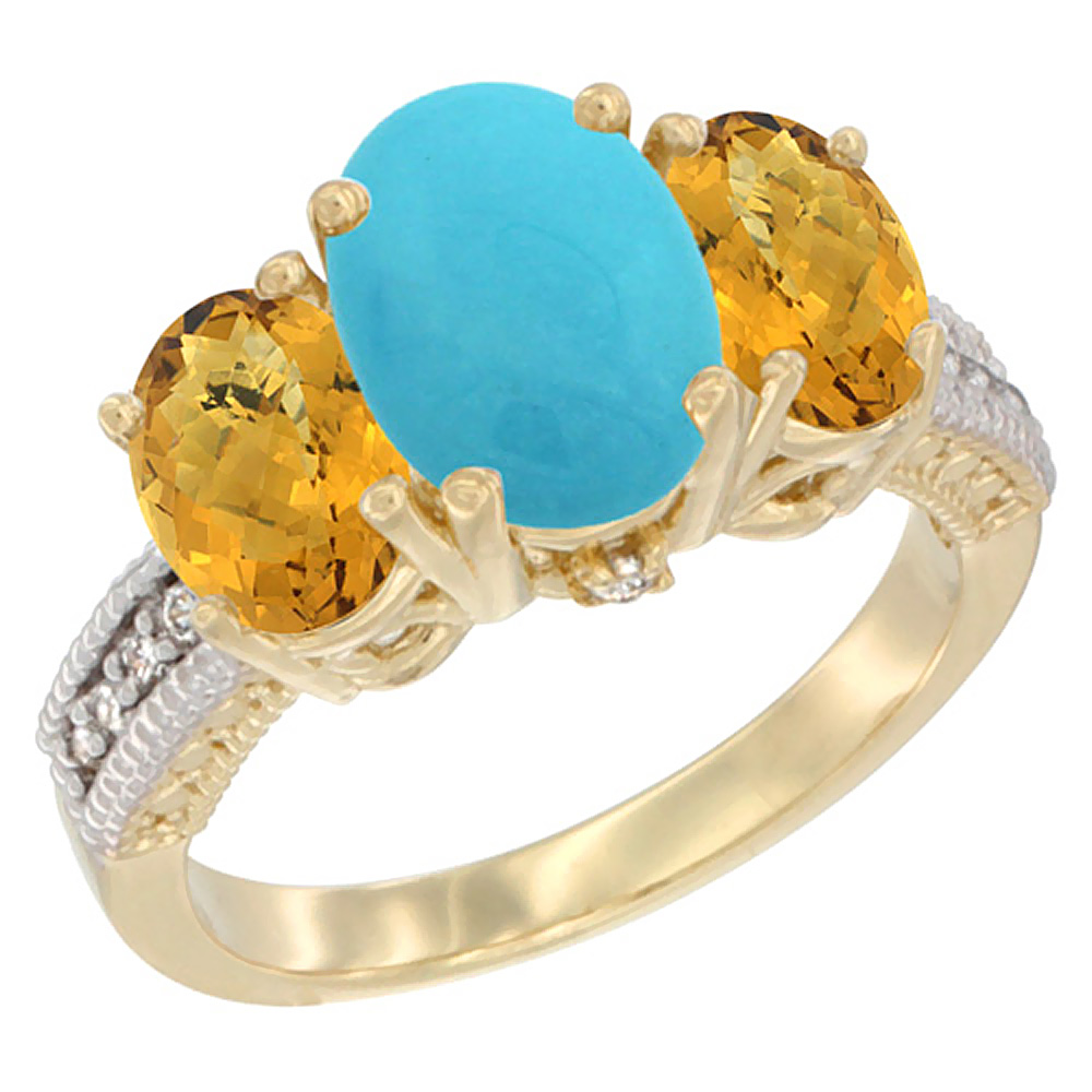 14K Yellow Gold Diamond Natural Turquoise Ring 3-Stone Oval 8x6mm with Whisky Quartz, sizes5-10