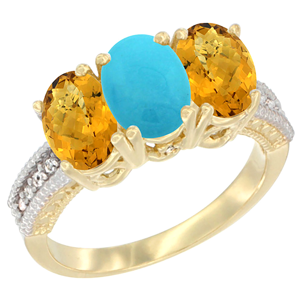 14K Yellow Gold Natural Turquoise Ring with Whisky Quartz 3-Stone 7x5 mm Oval Diamond Accent, sizes 5 - 10