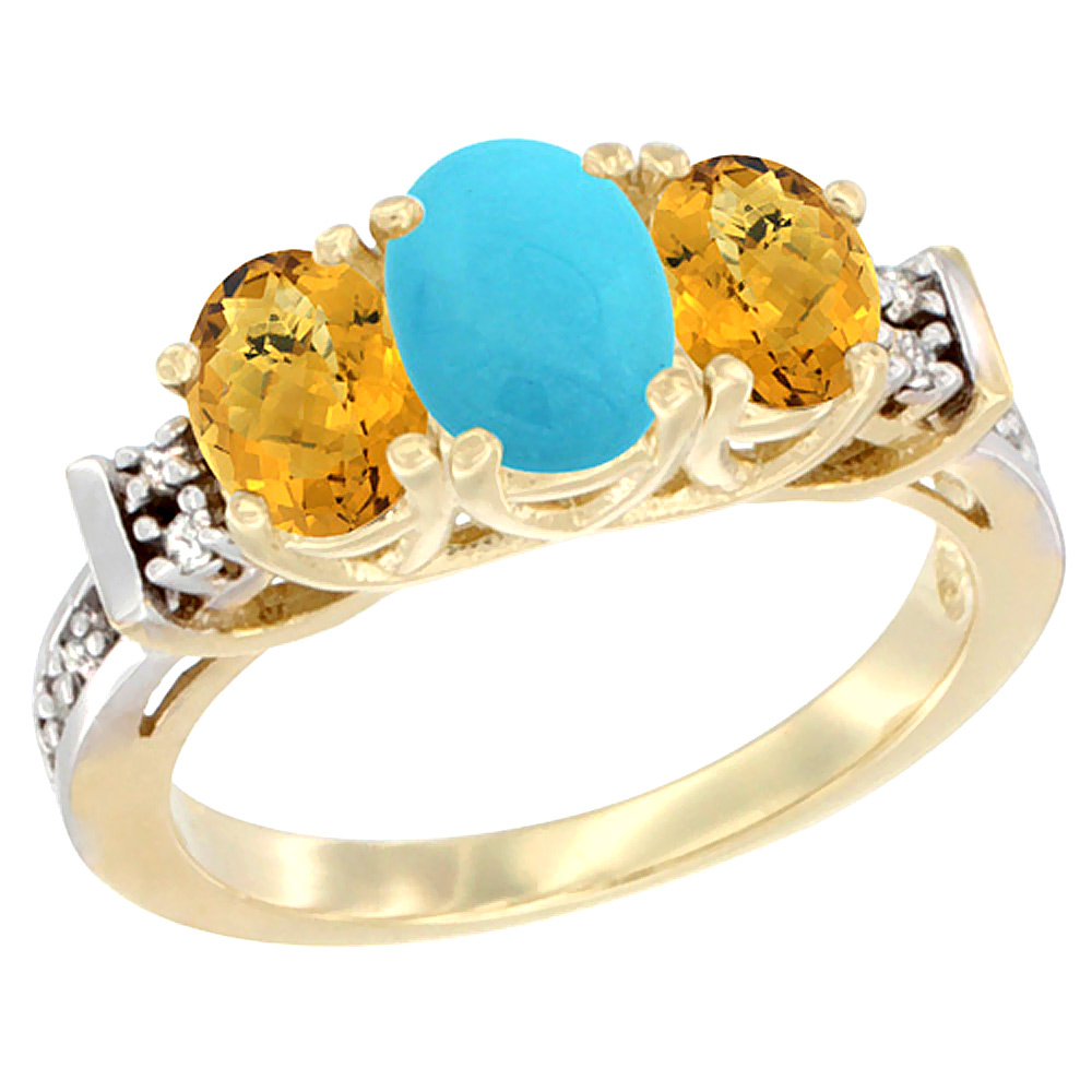 14K Yellow Gold Natural Turquoise &amp; Whisky Quartz Ring 3-Stone Oval Diamond Accent