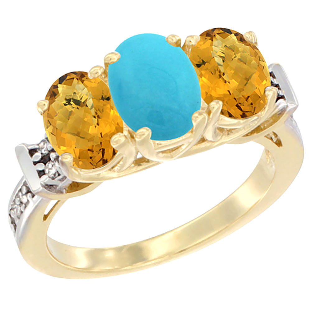 14K Yellow Gold Natural Turquoise & Whisky Quartz Sides Ring 3-Stone Oval Diamond Accent, sizes 5 - 10