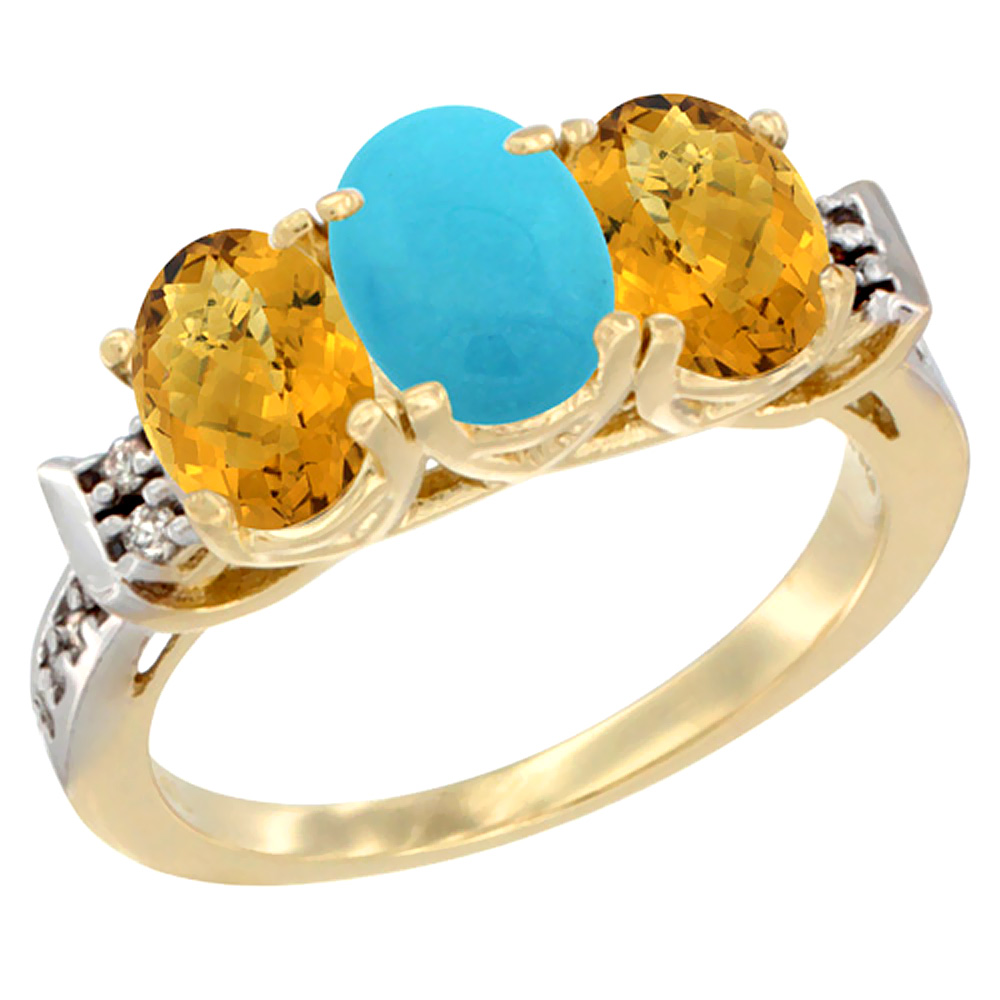 10K Yellow Gold Natural Turquoise & Whisky Quartz Sides Ring 3-Stone Oval 7x5 mm Diamond Accent, sizes 5 - 10