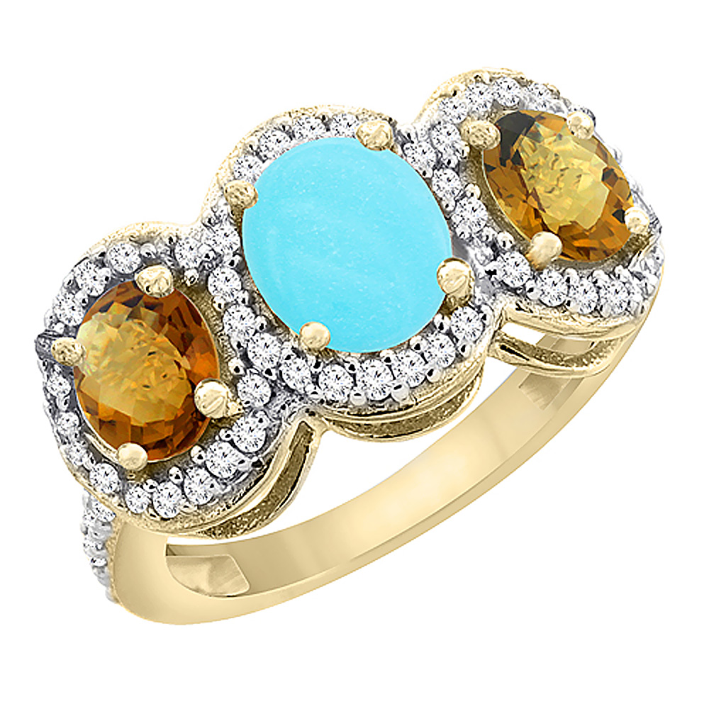 14K Yellow Gold Natural Turquoise & Whisky Quartz 3-Stone Ring Oval Diamond Accent, sizes 5 - 10