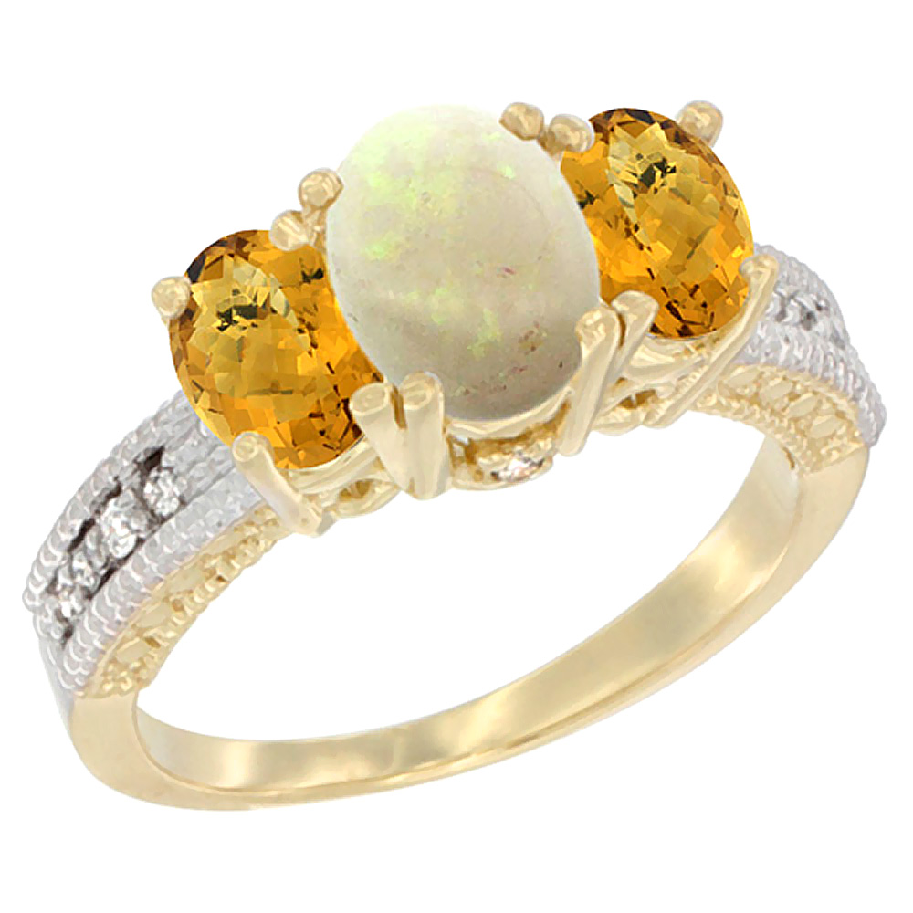 14K Yellow Gold Diamond Natural Opal Ring Oval 3-stone with Whisky Quartz, sizes 5 - 10