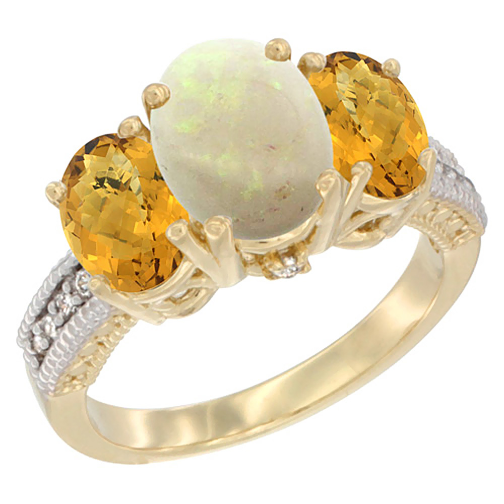 14K Yellow Gold Diamond Natural Opal Ring 3-Stone Oval 8x6mm with Whisky Quartz, sizes5-10